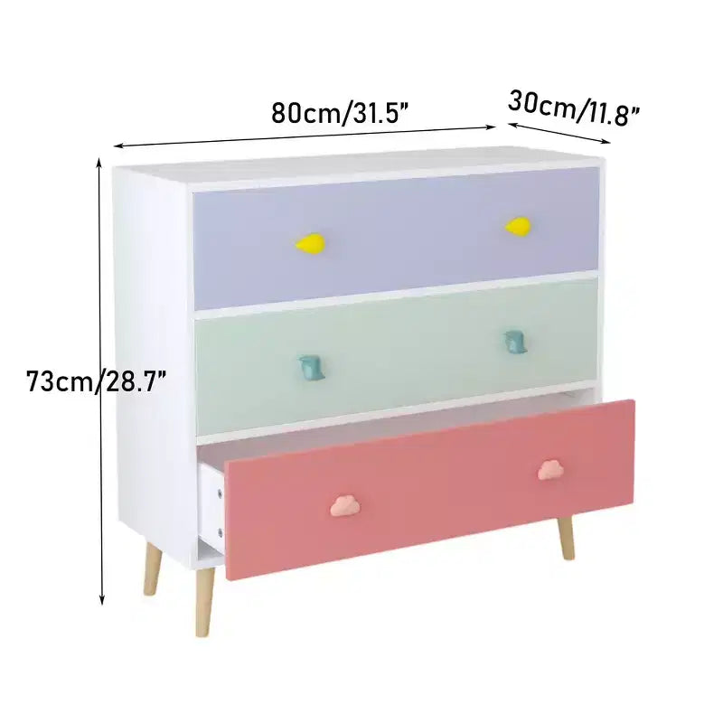 Commode de rangement Whisen à 3 tiroirs avec glissières européennes et poignées dessin animé, conception anti-basculement, utilisation comme commode, table de chevet