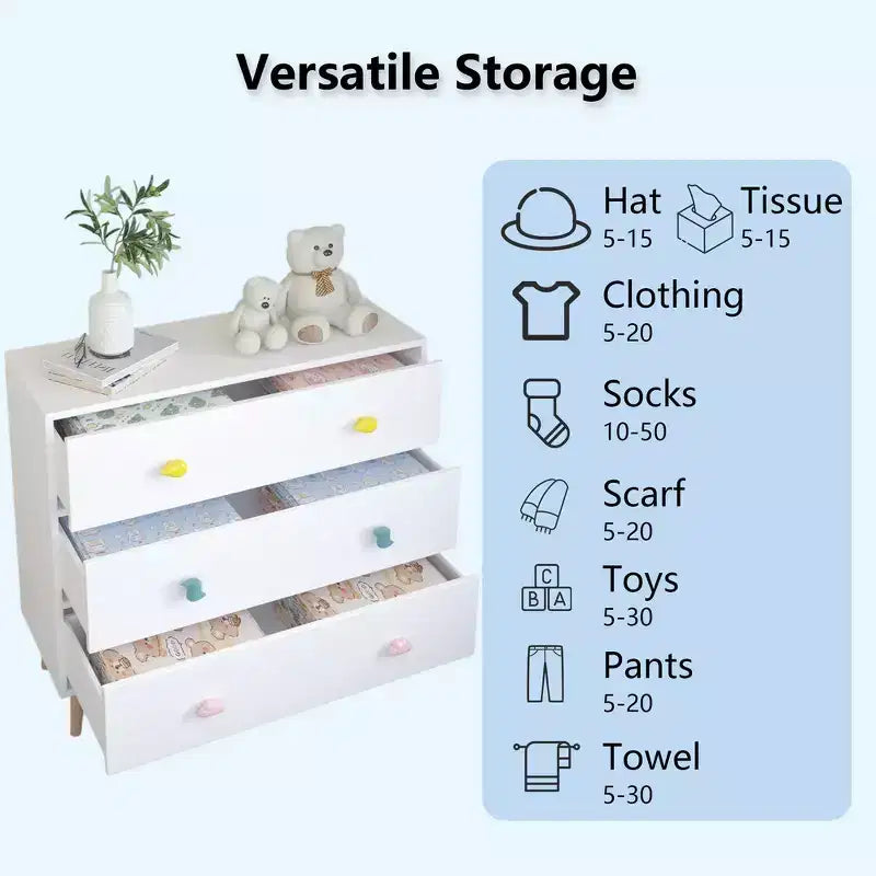Commode de rangement Whisen à 3 tiroirs avec glissières européennes et poignées dessin animé, conception anti-basculement, utilisation comme commode, table de chevet