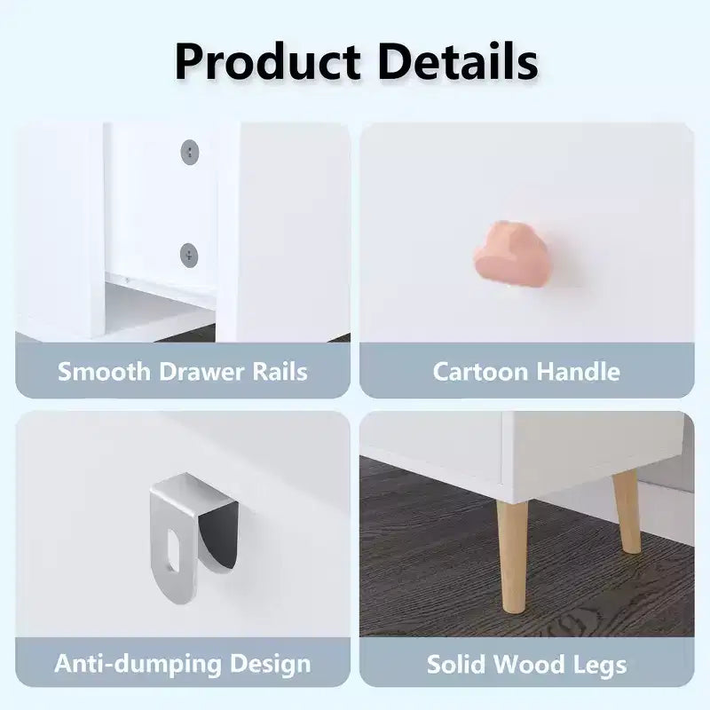 Commode de rangement Whisen à 3 tiroirs avec glissières européennes et poignées dessin animé, conception anti-basculement, utilisation comme commode, table de chevet