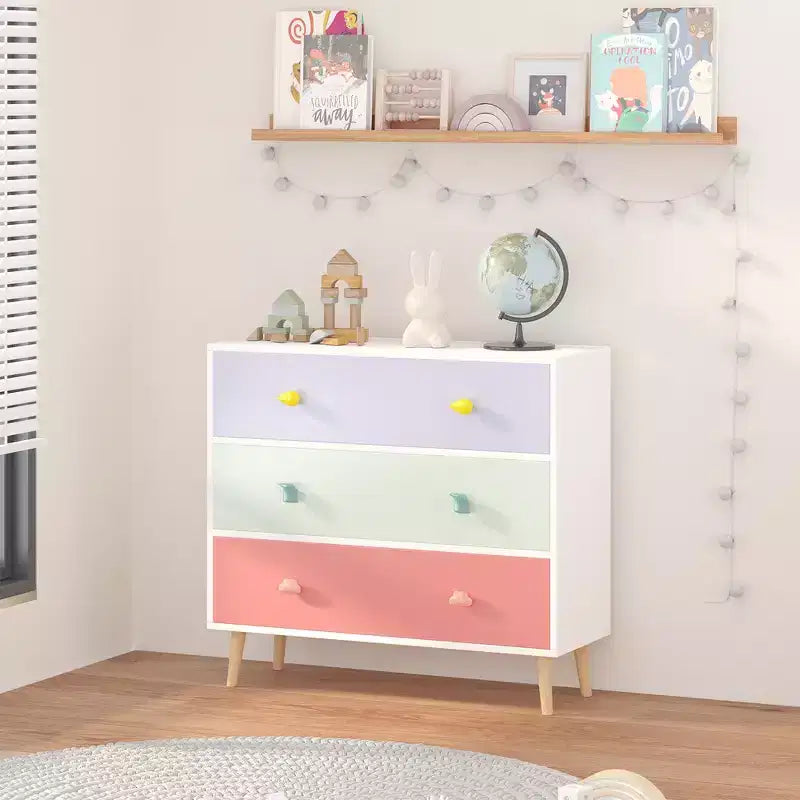 Commode de rangement Whisen à 3 tiroirs avec glissières européennes et poignées dessin animé, conception anti-basculement, utilisation comme commode, table de chevet