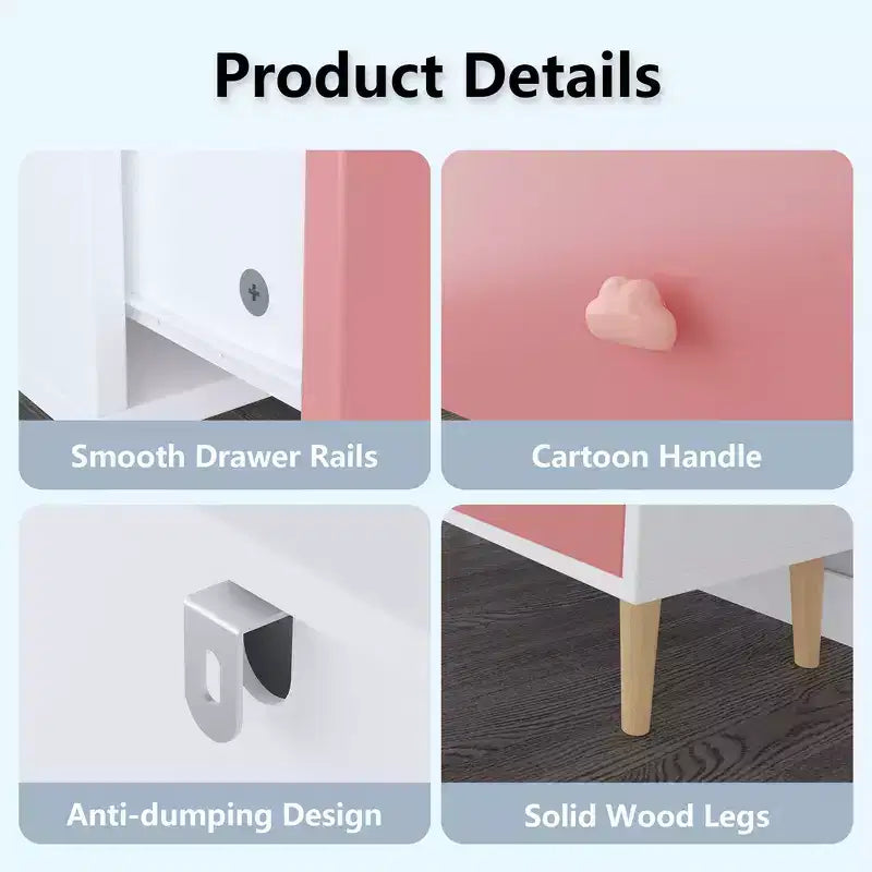 Commode de rangement Whisen à 3 tiroirs avec glissières européennes et poignées dessin animé, conception anti-basculement, utilisation comme commode, table de chevet