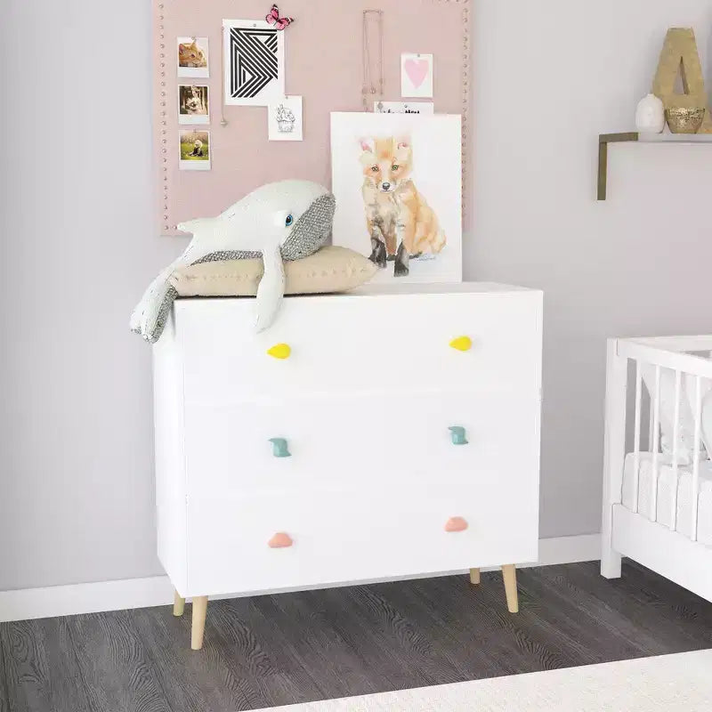 Commode de rangement Whisen à 3 tiroirs avec glissières européennes et poignées dessin animé, conception anti-basculement, utilisation comme commode, table de chevet