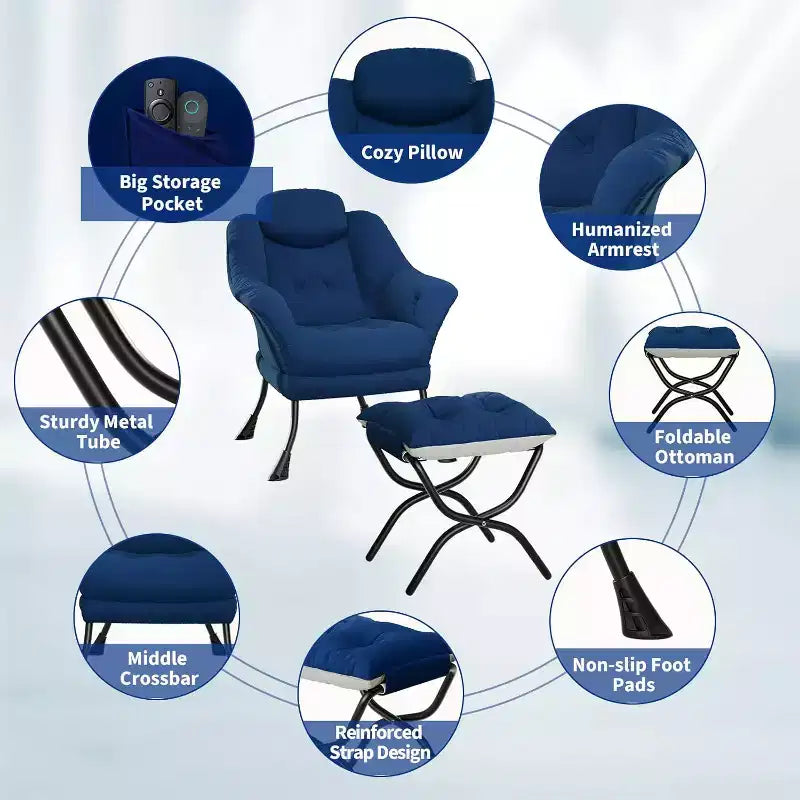 Fauteuil paresseux avec ottoman, Chaise de lecture moderne, Housse amovible et lavable, Soutien ergonomique, pour Chambre, Salon