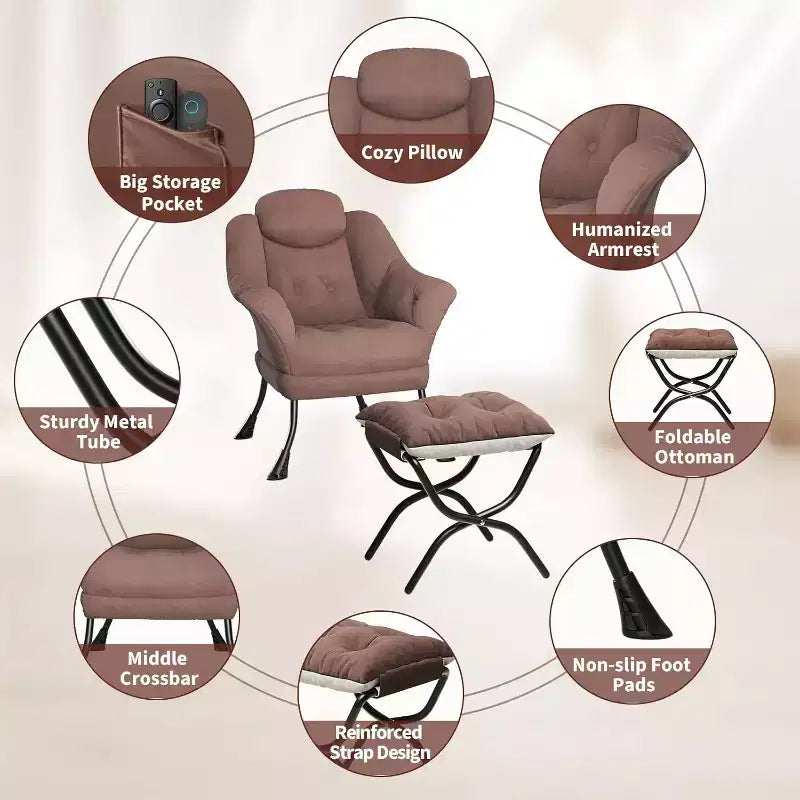 Fauteuil paresseux avec ottoman, Chaise de lecture moderne, Housse amovible et lavable, Soutien ergonomique, pour Chambre, Salon