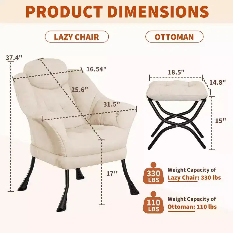 Fauteuil paresseux avec ottoman, Chaise de lecture moderne, Housse amovible et lavable, Soutien ergonomique, pour Chambre, Salon