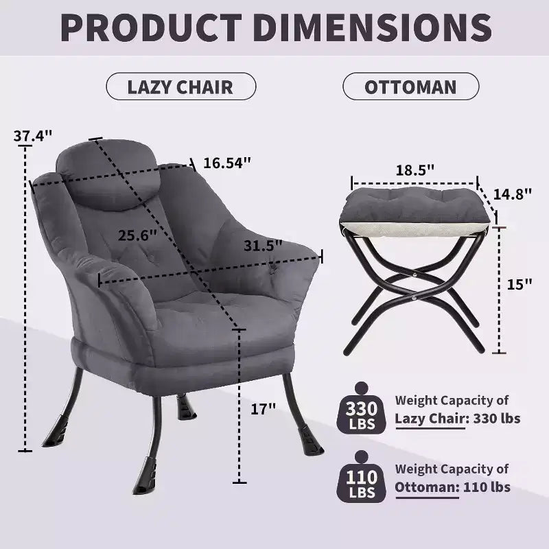 Fauteuil paresseux avec ottoman, Chaise de lecture moderne, Housse amovible et lavable, Soutien ergonomique, pour Chambre, Salon