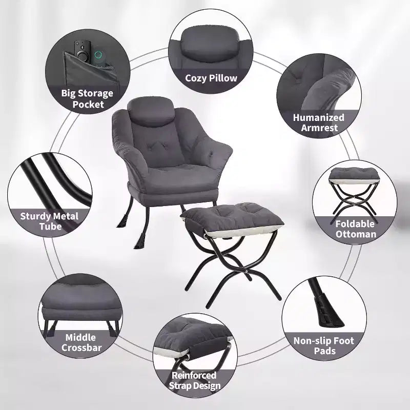Fauteuil paresseux avec ottoman, Chaise de lecture moderne, Housse amovible et lavable, Soutien ergonomique, pour Chambre, Salon