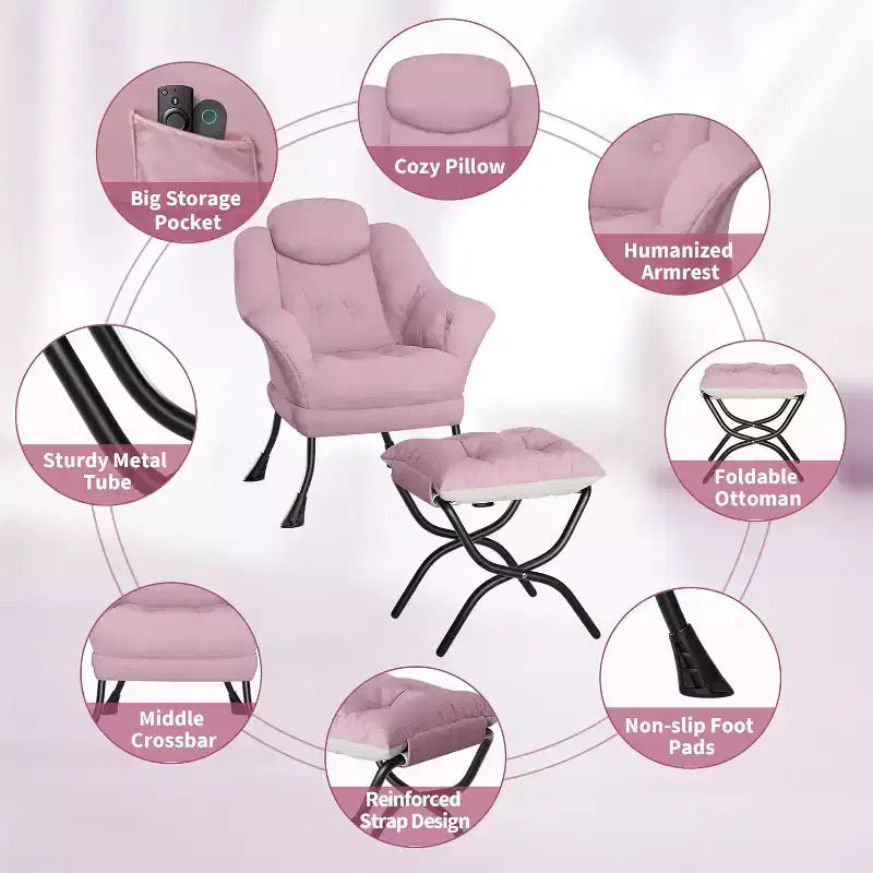 Fauteuil paresseux avec ottoman, Chaise de lecture moderne, Housse amovible et lavable, Soutien ergonomique, pour Chambre, Salon