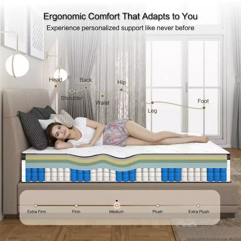 Matelas Okak Full/Queen Size en boîte avec ressorts ensachés, matelas hybride de fermeté moyenne à soulagement de la pression avec housse respirante, CertiPUR-US