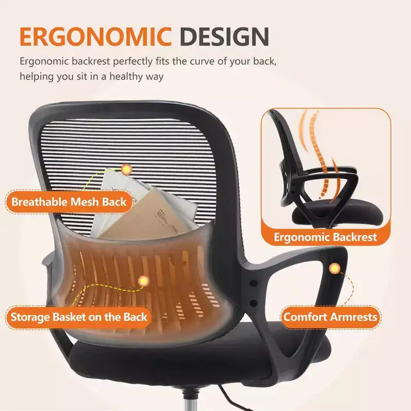Chaise de bureau moderne Okak avec anneau de pied réglable, chaise d'ordinateur avec dossier en maille, chaise pivotante pour bureau, salle de lecture, bureau