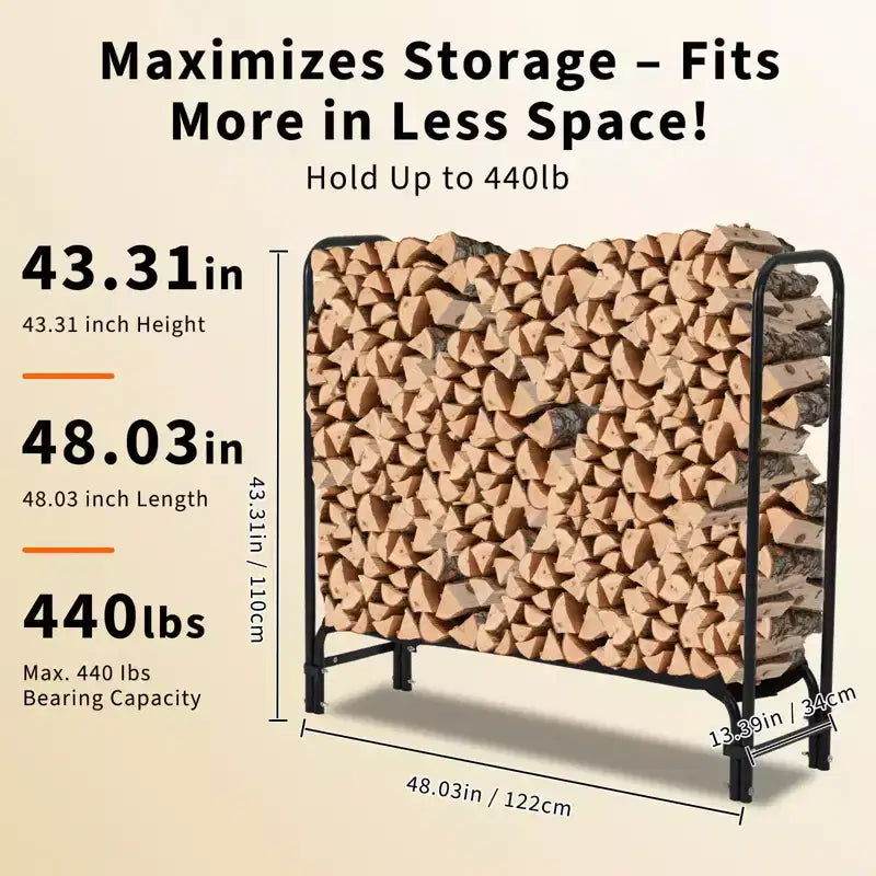 Range-bûches 120 cm d'extérieur et d'intérieur, porte-bûches robuste en acier maillé pour cheminée, terrasse, empileur de bois durable