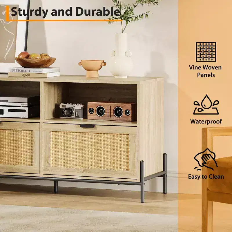 Meuble TV pour centres de divertissement avec fonction de rangement Meuble multimédia en rotin avec deux portes Support en bois pour le salon