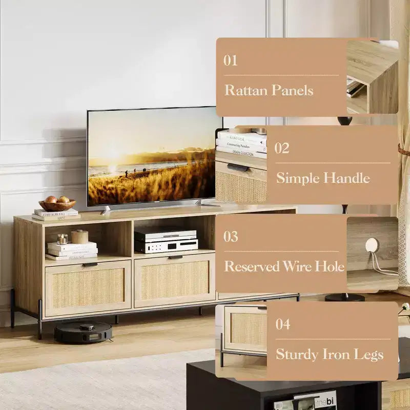 Meuble TV pour centres de divertissement avec fonction de rangement Meuble multimédia en rotin avec deux portes Support en bois pour le salon