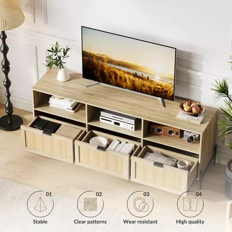Meuble TV pour centres de divertissement avec fonction de rangement Meuble multimédia en rotin avec deux portes Support en bois pour le salon