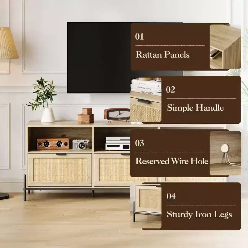 Meuble TV pour centres de divertissement avec fonction de rangement Meuble multimédia en rotin avec deux portes Support en bois pour le salon