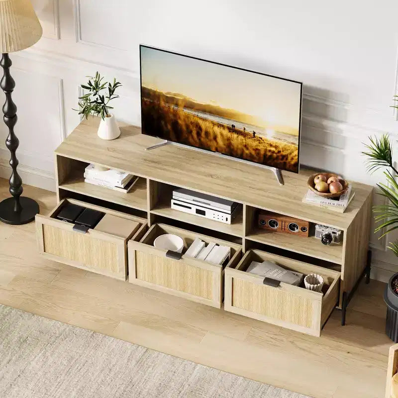 Meuble TV pour centres de divertissement avec fonction de rangement Meuble multimédia en rotin avec deux portes Support en bois pour le salon