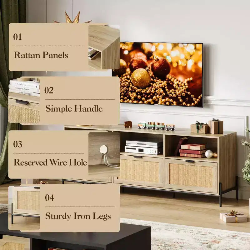 Meuble TV pour centres de divertissement avec fonction de rangement Meuble multimédia en rotin avec deux portes Support en bois pour le salon