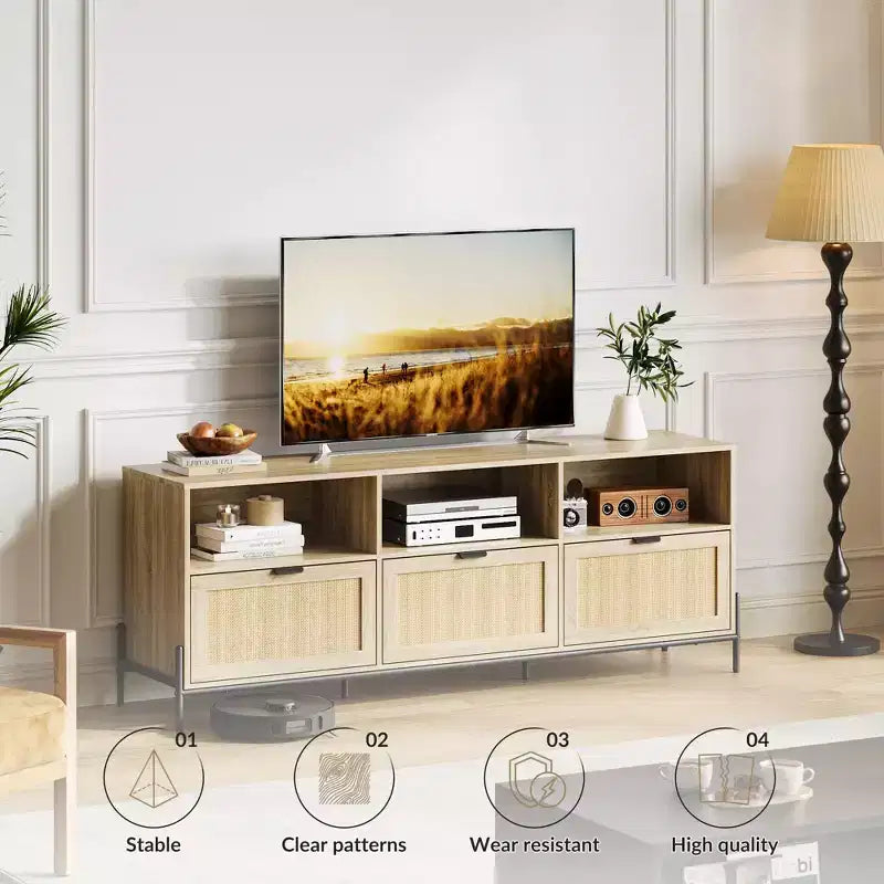 Meuble TV pour centres de divertissement avec fonction de rangement Meuble multimédia en rotin avec deux portes Support en bois pour le salon