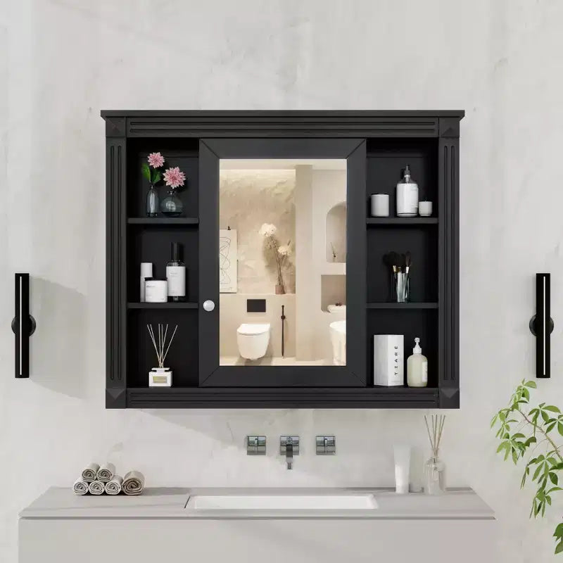 FAMYYT 35 in. W x 28 in. H Rectangular Surface Mount Medicine Cabinet with Mirror, High-Definition Mirror, Ample Storage