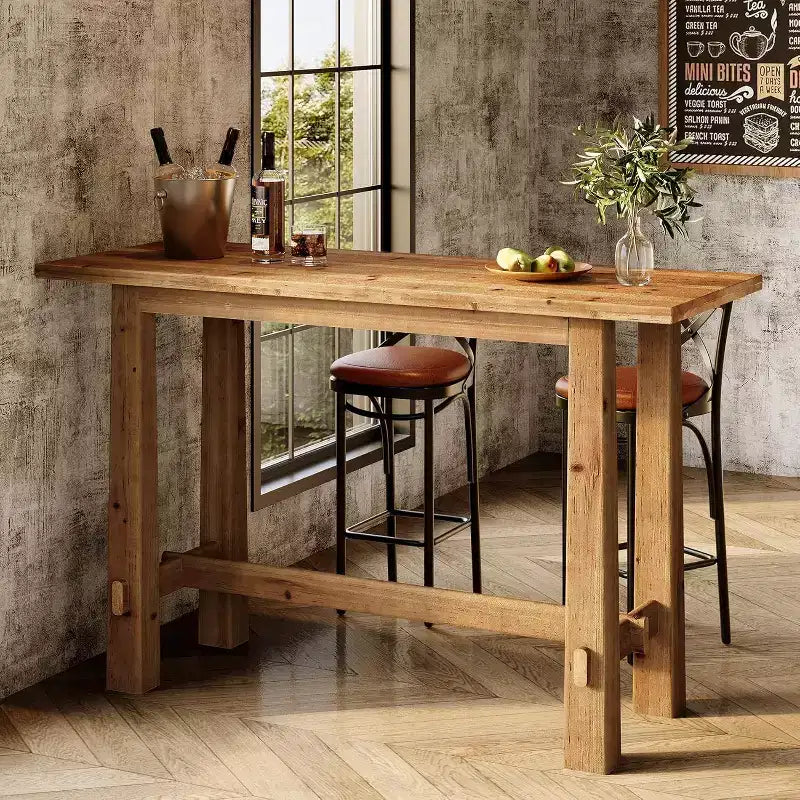 Table de bar Lantine en bois massif, table de pub haute de 160 cm, meuble de bar en bois pour cuisine, café ou restaurant