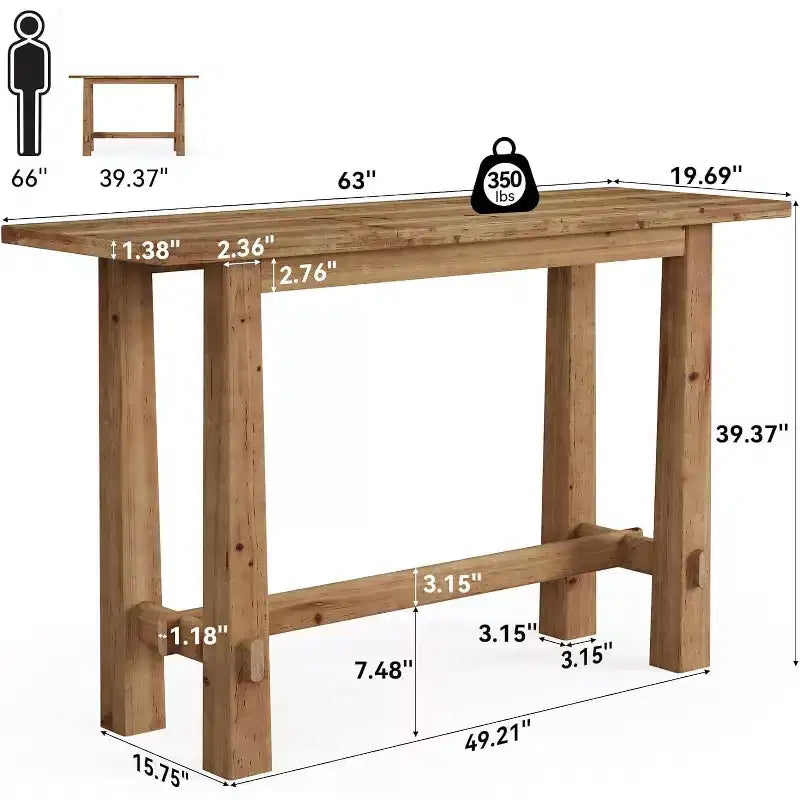 Table de bar Lantine en bois massif, table de pub haute de 160 cm, meuble de bar en bois pour cuisine, café ou restaurant