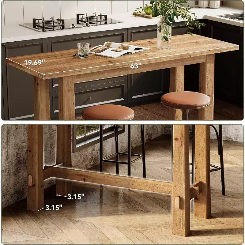 Table de bar Lantine en bois massif, table de pub haute de 160 cm, meuble de bar en bois pour cuisine, café ou restaurant
