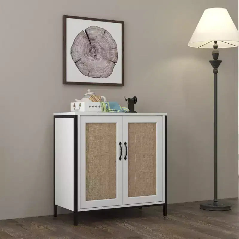 Buffet de rangement, meuble de rangement pour salle à manger, salon, entrée, buffet spacieux avec 2 portes décorées en rotin,