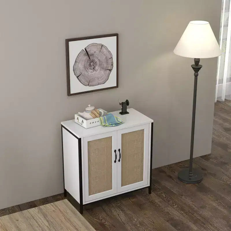 Buffet de rangement, meuble de rangement pour salle à manger, salon, entrée, buffet spacieux avec 2 portes décorées en rotin,