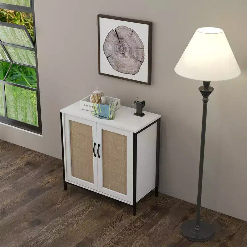 Buffet de rangement, meuble de rangement pour salle à manger, salon, entrée, buffet spacieux avec 2 portes décorées en rotin,