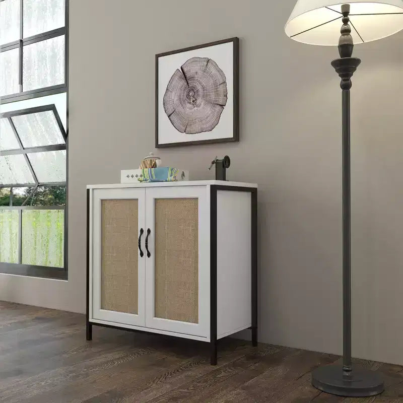 Buffet de rangement, meuble de rangement pour salle à manger, salon, entrée, buffet spacieux avec 2 portes décorées en rotin,