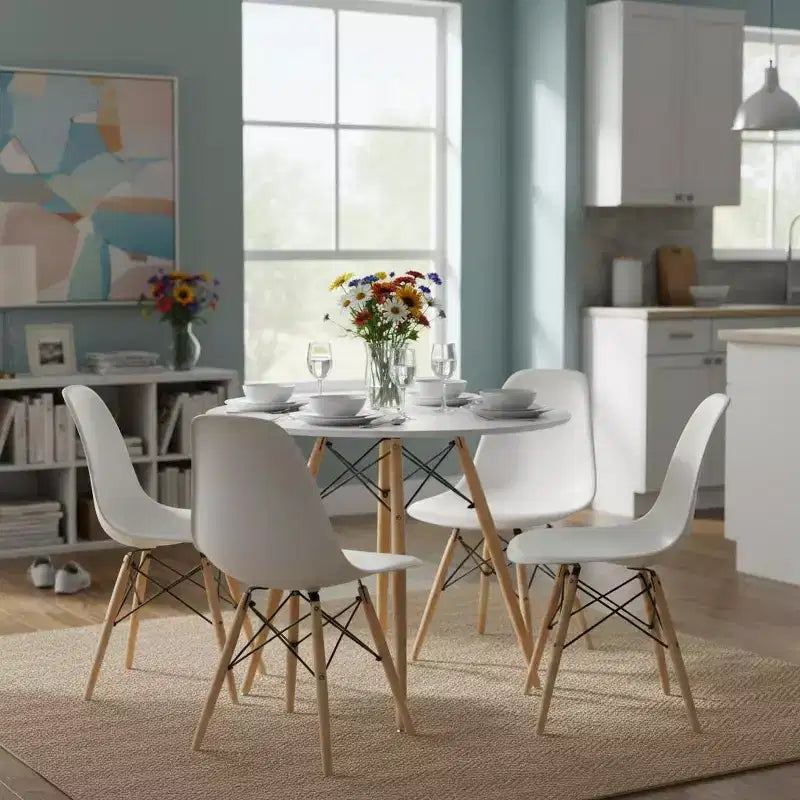FurnitureR Table à Manger Ronde 80 cm pour 2-4 Personnes, Table Circulaire Élégante avec Pieds en Bois pour Cuisine, Cafés, Salles de Loisirs, Blanc