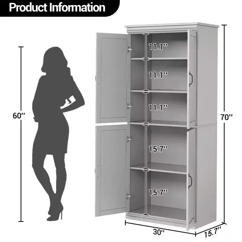 Meuble de rangement de cuisine autoportant GustoWave, armoire de rangement de 178 cm avec portes et étagères réglables