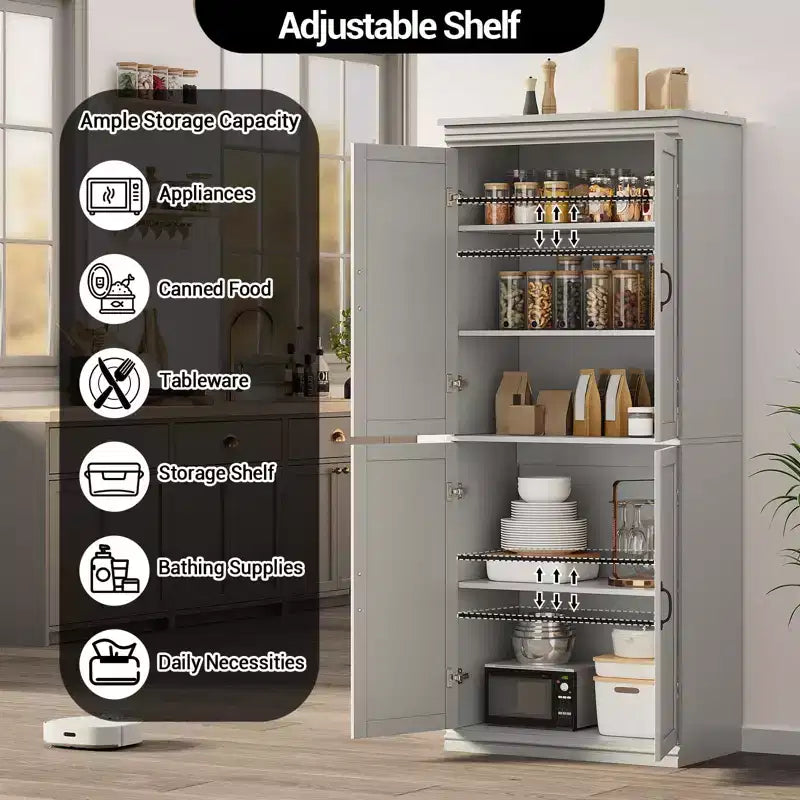 Meuble de rangement de cuisine autoportant GustoWave, armoire de rangement de 178 cm avec portes et étagères réglables