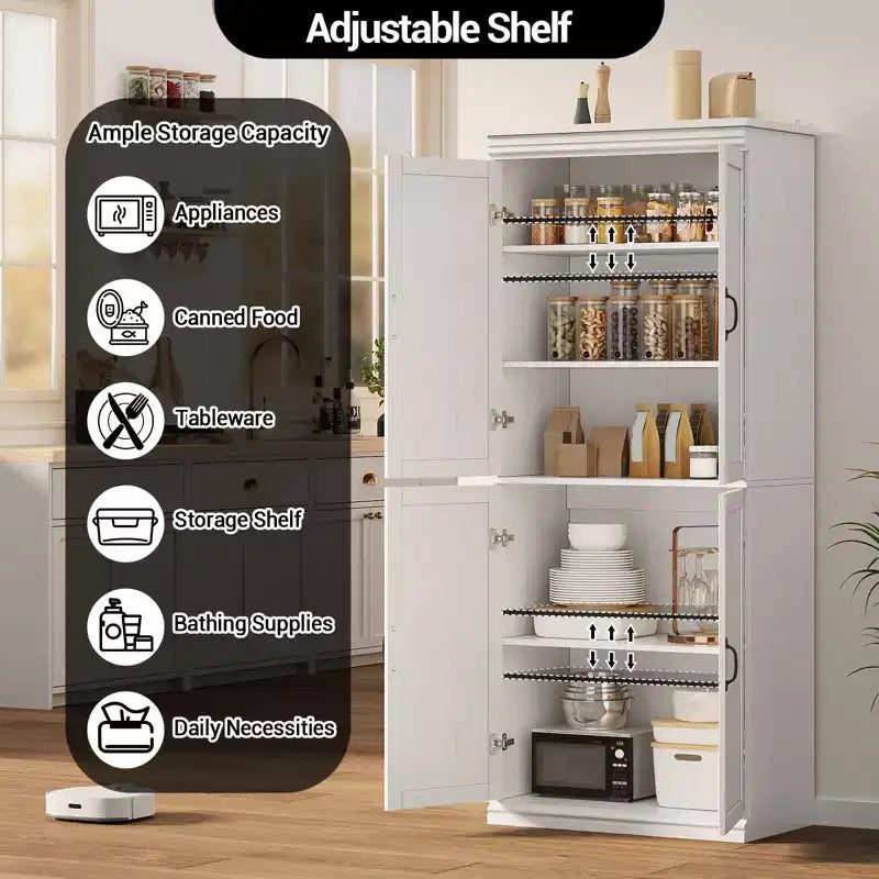 Meuble de rangement de cuisine autoportant GustoWave, armoire de rangement de 178 cm avec portes et étagères réglables
