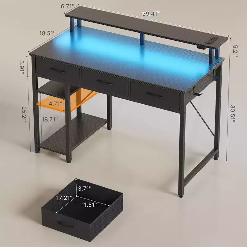 Greenstell Bureau d'ordinateur de rangement de 99/119/140 cm avec support d'écran, bureau de jeu LED, prise de courant et tiroirs multiples