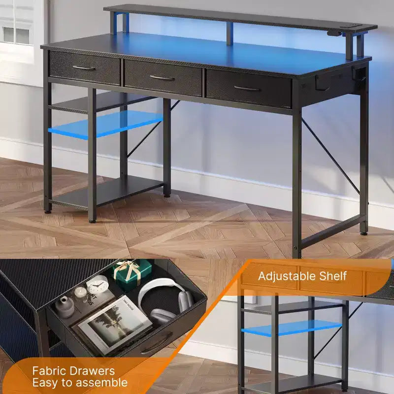 Greenstell Bureau d'ordinateur de rangement de 99/119/140 cm avec support d'écran, bureau de jeu LED, prise de courant et tiroirs multiples