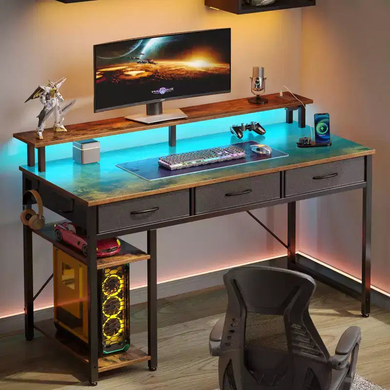 Greenstell Bureau d'ordinateur de rangement de 99/119/140 cm avec support d'écran, bureau de jeu LED, prise de courant et tiroirs multiples