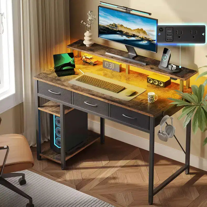 Greenstell Bureau d'ordinateur de rangement de 99/119/140 cm avec support d'écran, bureau de jeu LED, prise de courant et tiroirs multiples