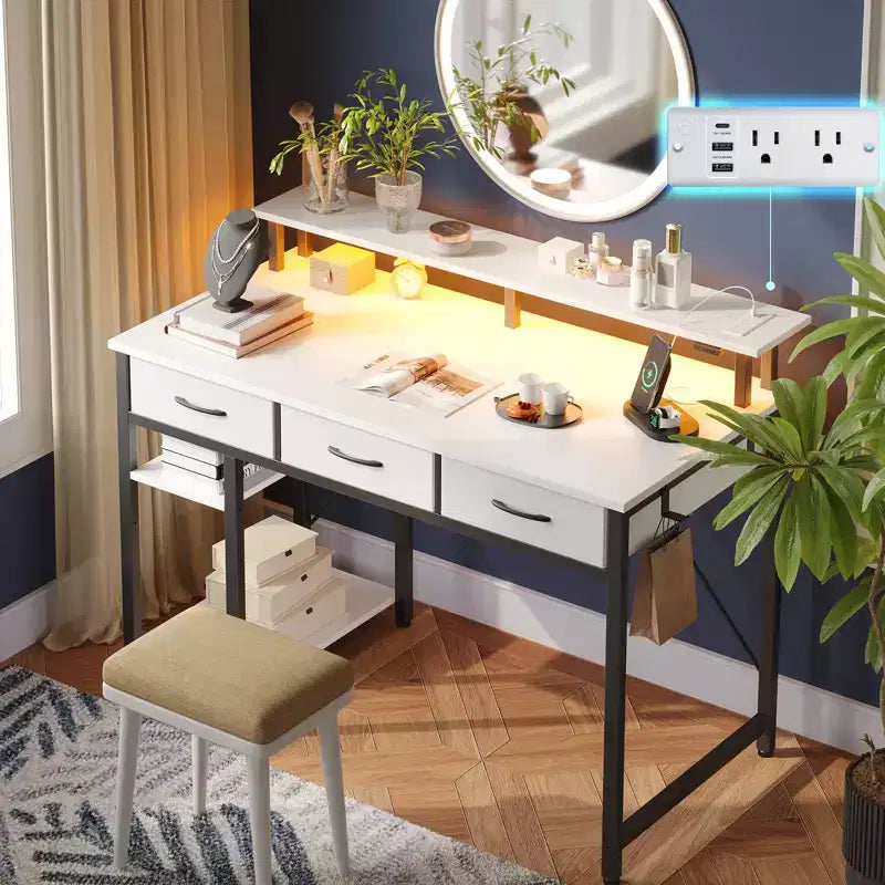 Greenstell Bureau d'ordinateur de rangement de 99/119/140 cm avec support d'écran, bureau de jeu LED, prise de courant et tiroirs multiples