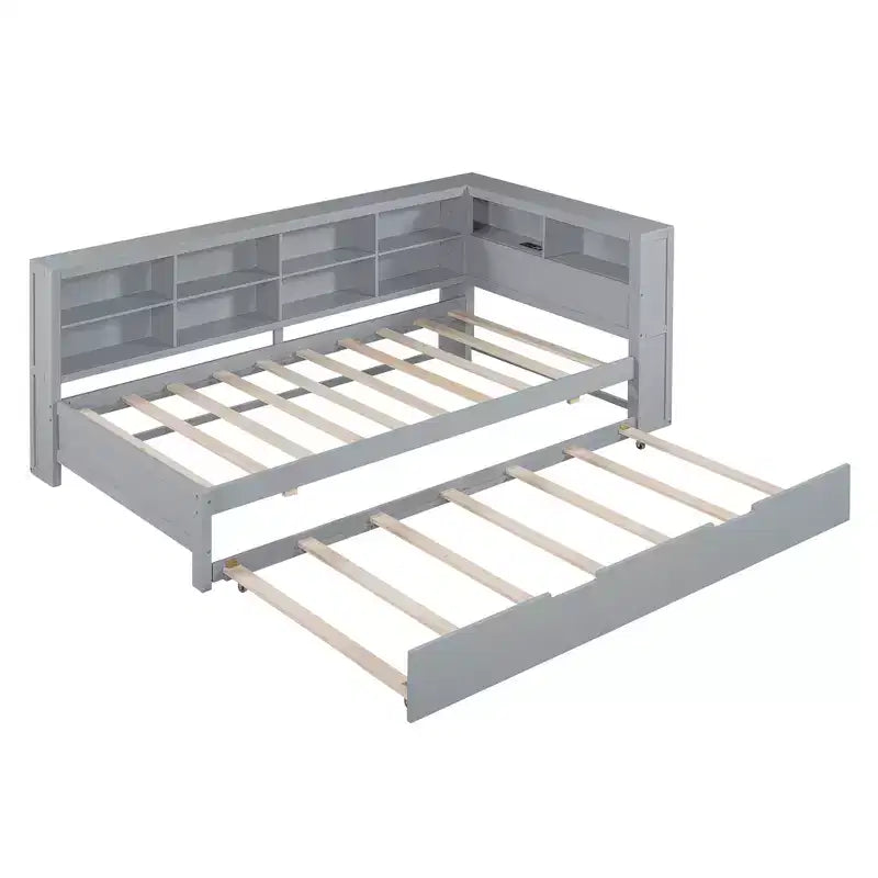 Lit de repos avec lit gigogne, lit plateforme en bois avec étagère de rangement et ports de chargement USB, lit bas pour enfants, adolescents et adultes