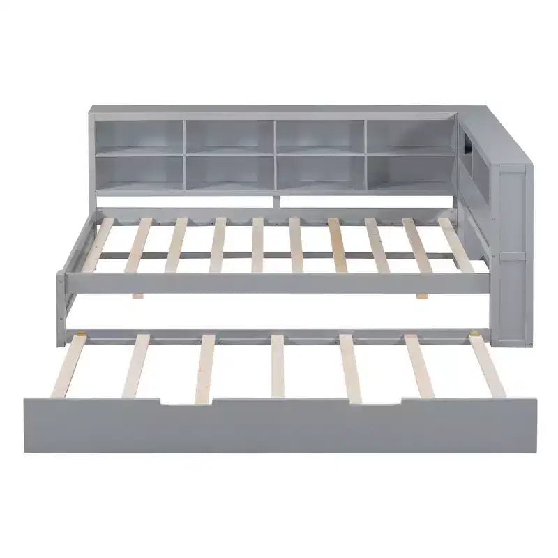 Lit de repos avec lit gigogne, lit plateforme en bois avec étagère de rangement et ports de chargement USB, lit bas pour enfants, adolescents et adultes