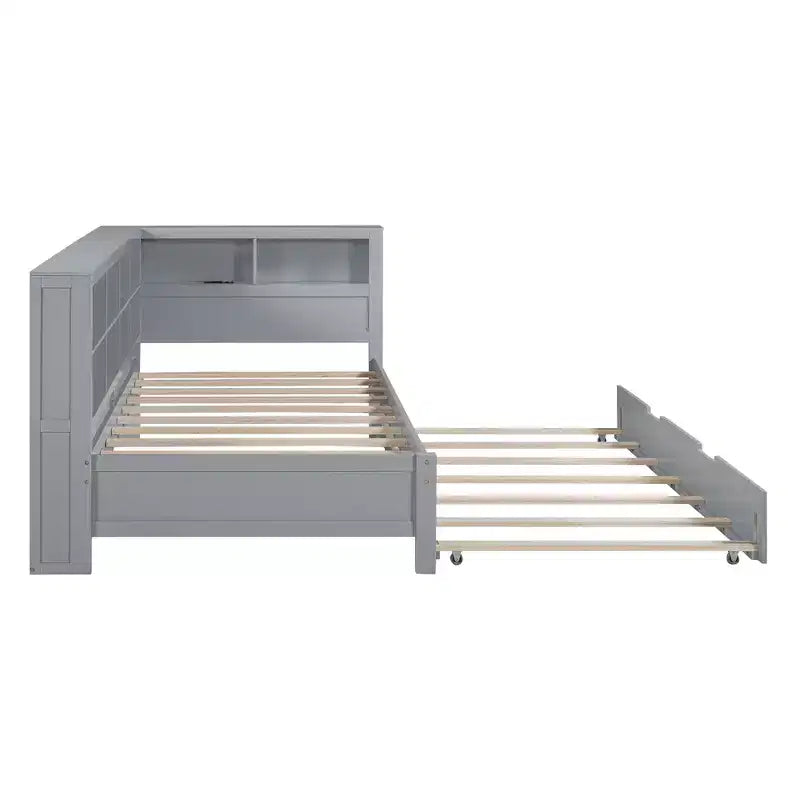 Lit de repos avec lit gigogne, lit plateforme en bois avec étagère de rangement et ports de chargement USB, lit bas pour enfants, adolescents et adultes