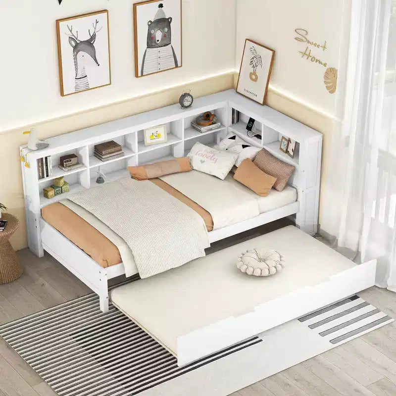 Lit de repos avec lit gigogne, lit plateforme en bois avec étagère de rangement et ports de chargement USB, lit bas pour enfants, adolescents et adultes