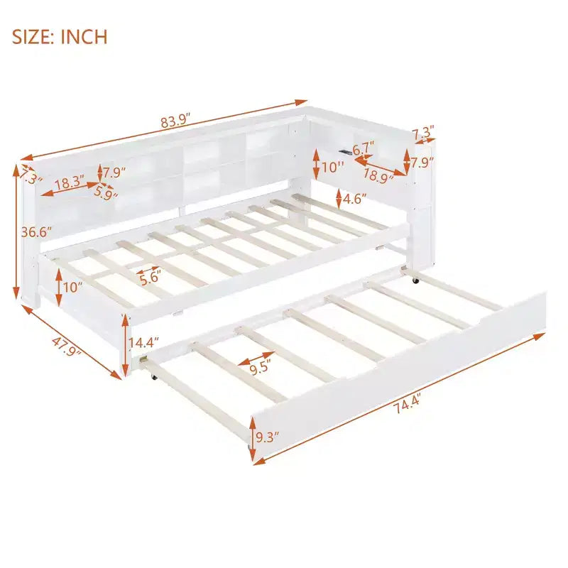Lit de repos avec lit gigogne, lit plateforme en bois avec étagère de rangement et ports de chargement USB, lit bas pour enfants, adolescents et adultes