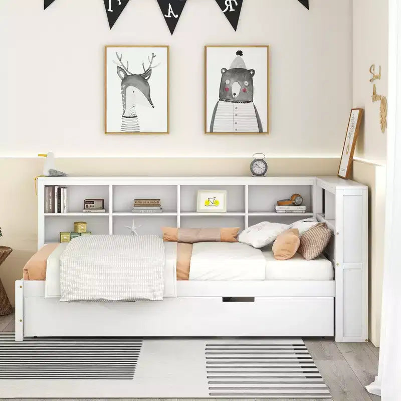 Lit de repos avec lit gigogne, lit plateforme en bois avec étagère de rangement et ports de chargement USB, lit bas pour enfants, adolescents et adultes