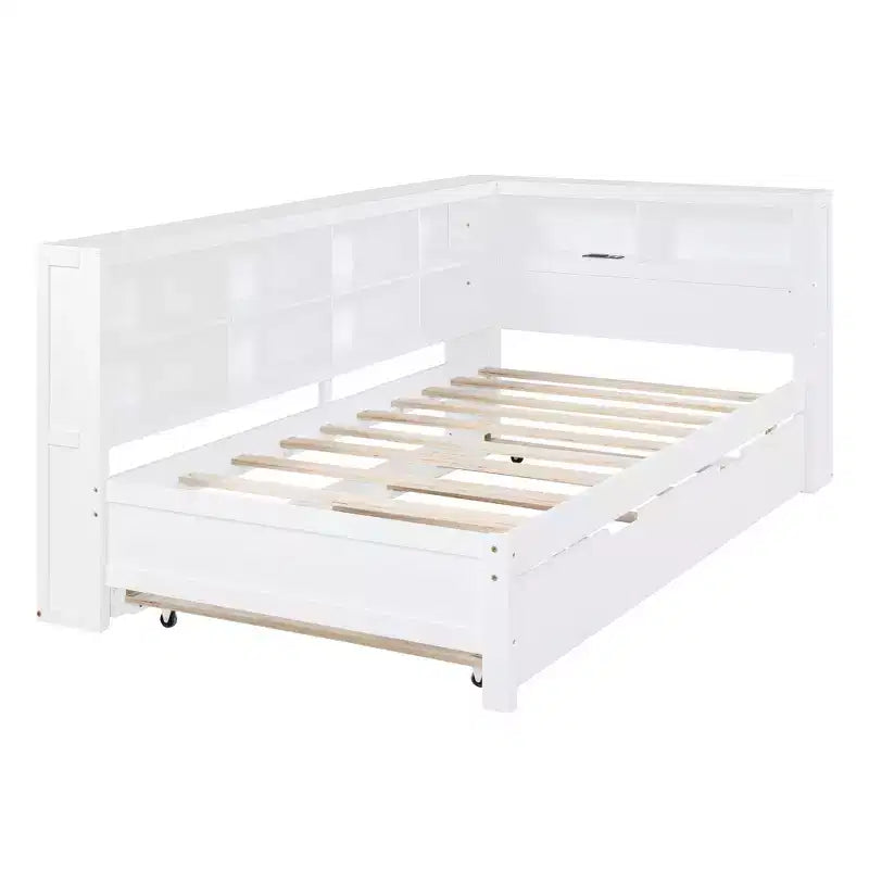 Lit de repos avec lit gigogne, lit plateforme en bois avec étagère de rangement et ports de chargement USB, lit bas pour enfants, adolescents et adultes