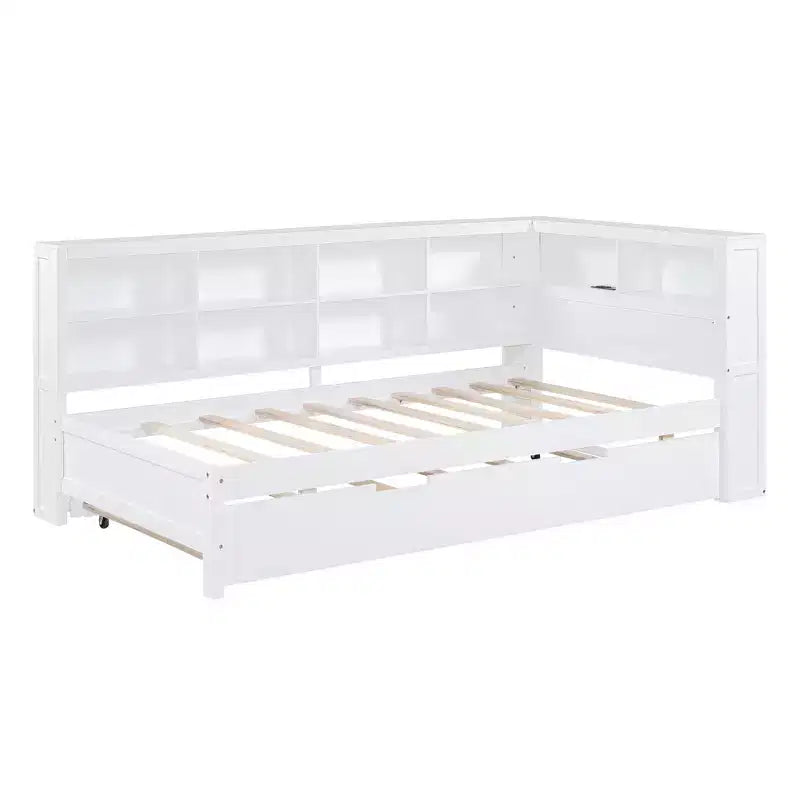 Lit de repos avec lit gigogne, lit plateforme en bois avec étagère de rangement et ports de chargement USB, lit bas pour enfants, adolescents et adultes