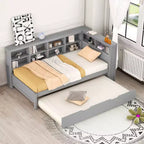 Lit de repos avec lit gigogne, lit plateforme en bois avec étagère de rangement et ports de chargement USB, lit bas pour enfants, adolescents et adultes