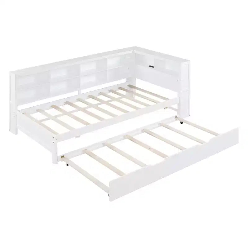 Lit de repos avec lit gigogne, lit plateforme en bois avec étagère de rangement et ports de chargement USB, lit bas pour enfants, adolescents et adultes