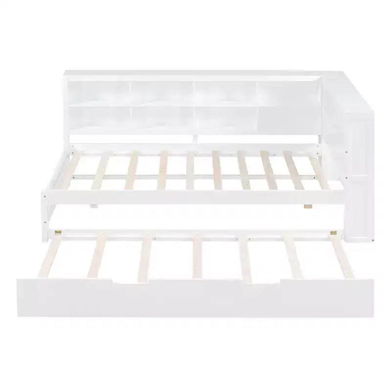 Lit de repos avec lit gigogne, lit plateforme en bois avec étagère de rangement et ports de chargement USB, lit bas pour enfants, adolescents et adultes